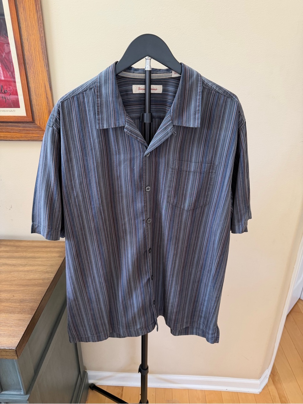 Tommy Bahama Silk Camp Shirt XL Striped Blue Brown Button Down